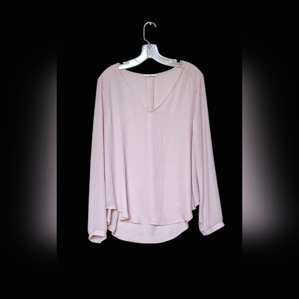 Lush Powder Pink Popover Blouse Long Sleeve V Neck Tunic Flowy Womens L